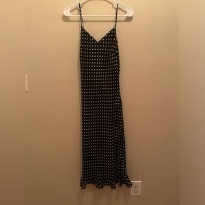 Black and white polka dot spaghetti strap midi dress, fully lined